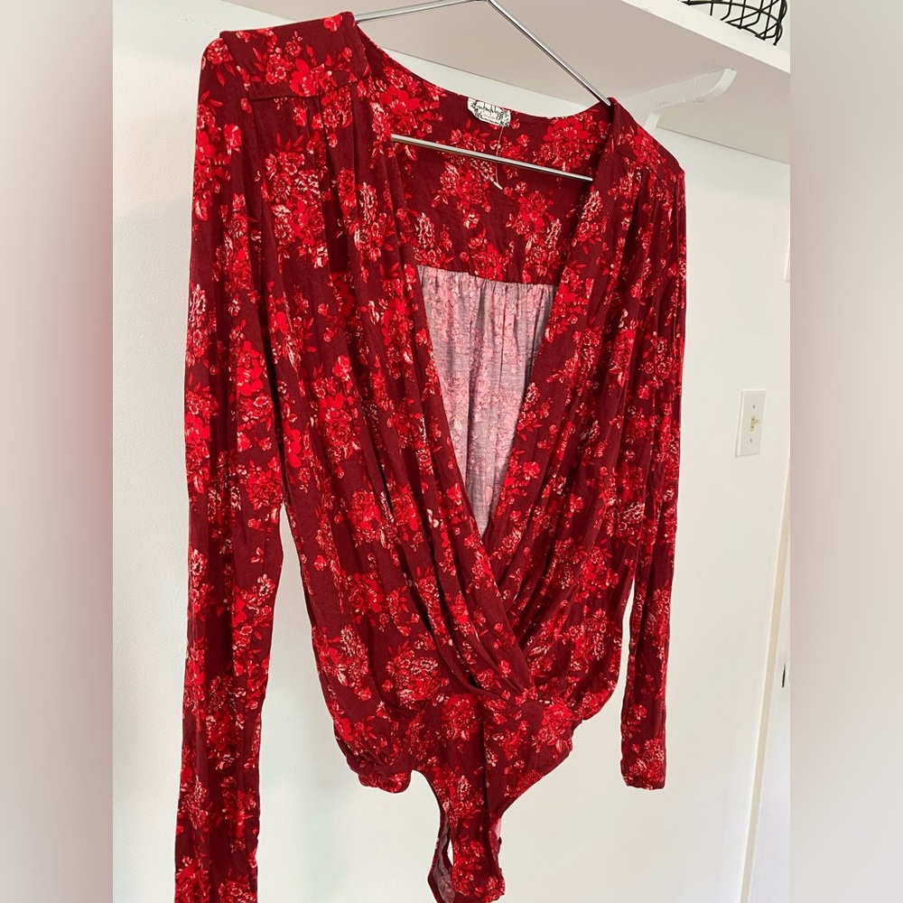 Intimately by Free People Red Floral Bodysuit Long Sleeve - XS, Like New